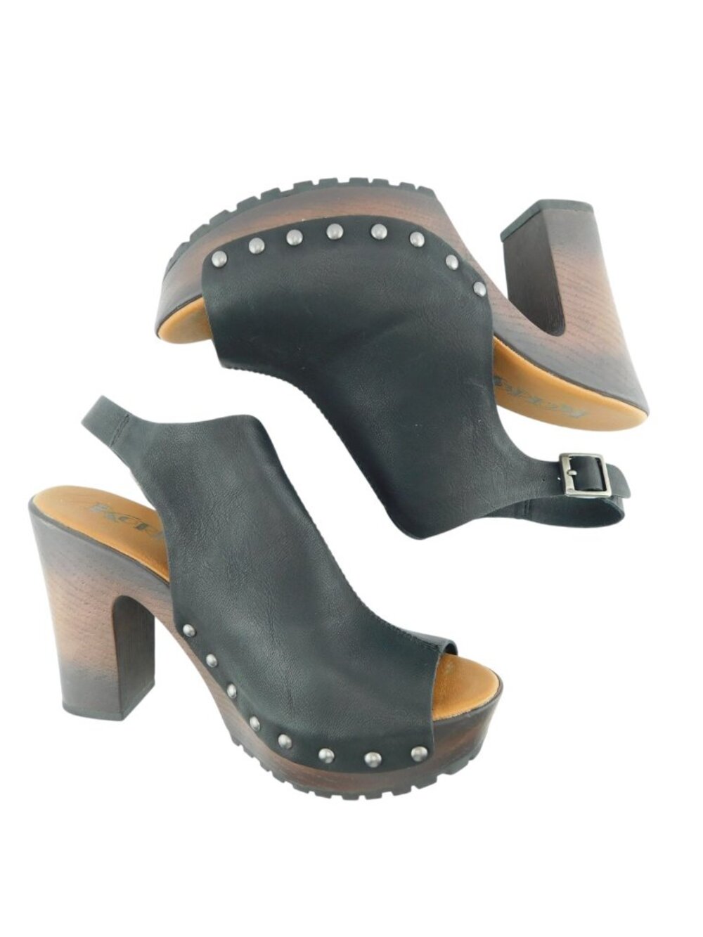 KORKS Open Toe Black Studded Block Heel Buckle Sling Sandals 6 - Picture 6 of 9